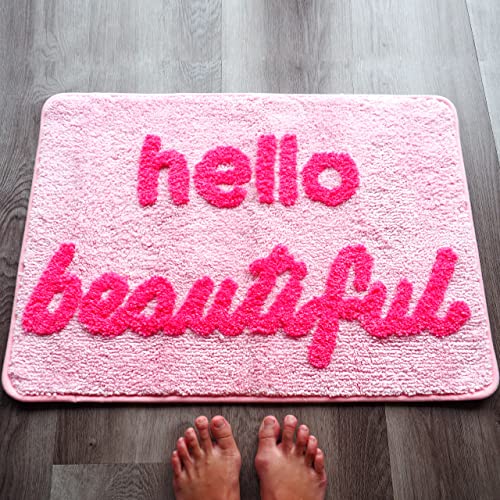Evovee Hello Beautiful Bath Mat Light Pink Blush Peach Coral Cute Bathroom Rugs For Girls You Look Good Gorgeous Funny Shower Fun Bathroom Decor Non-Slip Washable Kids Women #TOP7