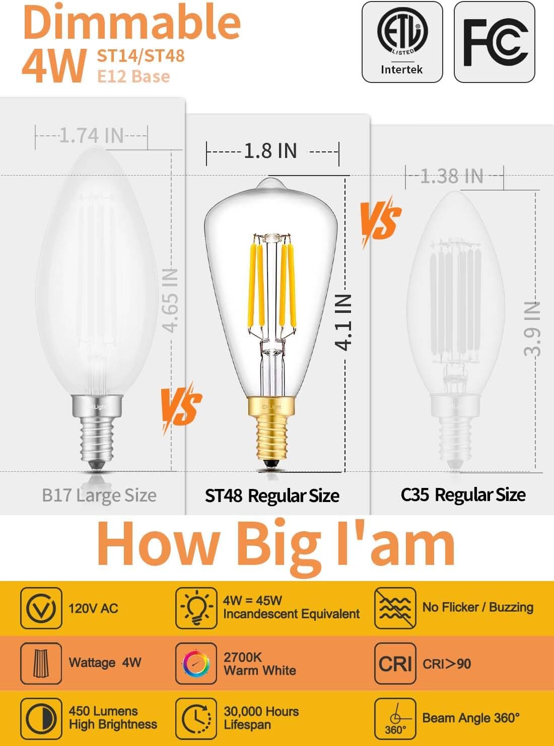 CRLight 4W Candelabra LED Edison Bulb 45W Equivalent 2700K Warm White 450LM Dimmable, E12 Antique ST48 / ST14 Clear Glass LED Chandelier Light Bulbs, Pack of 6