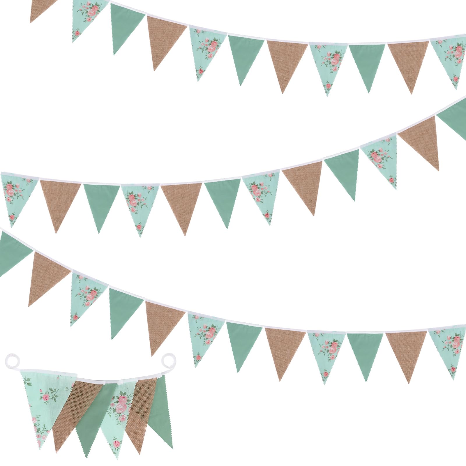 32Ft Sage Green Wildflower Burlap Bunting Banner Party Decoration, Hessian Floral Triangle Flags Pennant Garland Streamer for Spring Summer Golf Jungle Birthday Wedding Hanging Decor
