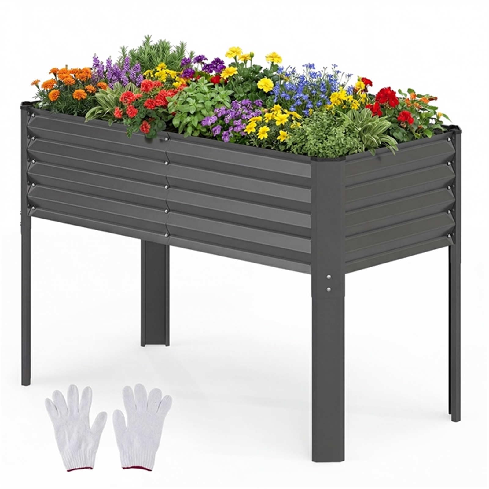 HOMASIS Potager sur Pieds en Métal, Jardinière Surélevée, avec Bords Arrondis, Système de Drainage, Charge 50KG, Carré Potager Surélevé pour Plantes, Fleurs, Légumes, 118 x 60 x 77,5 CM (Gris)