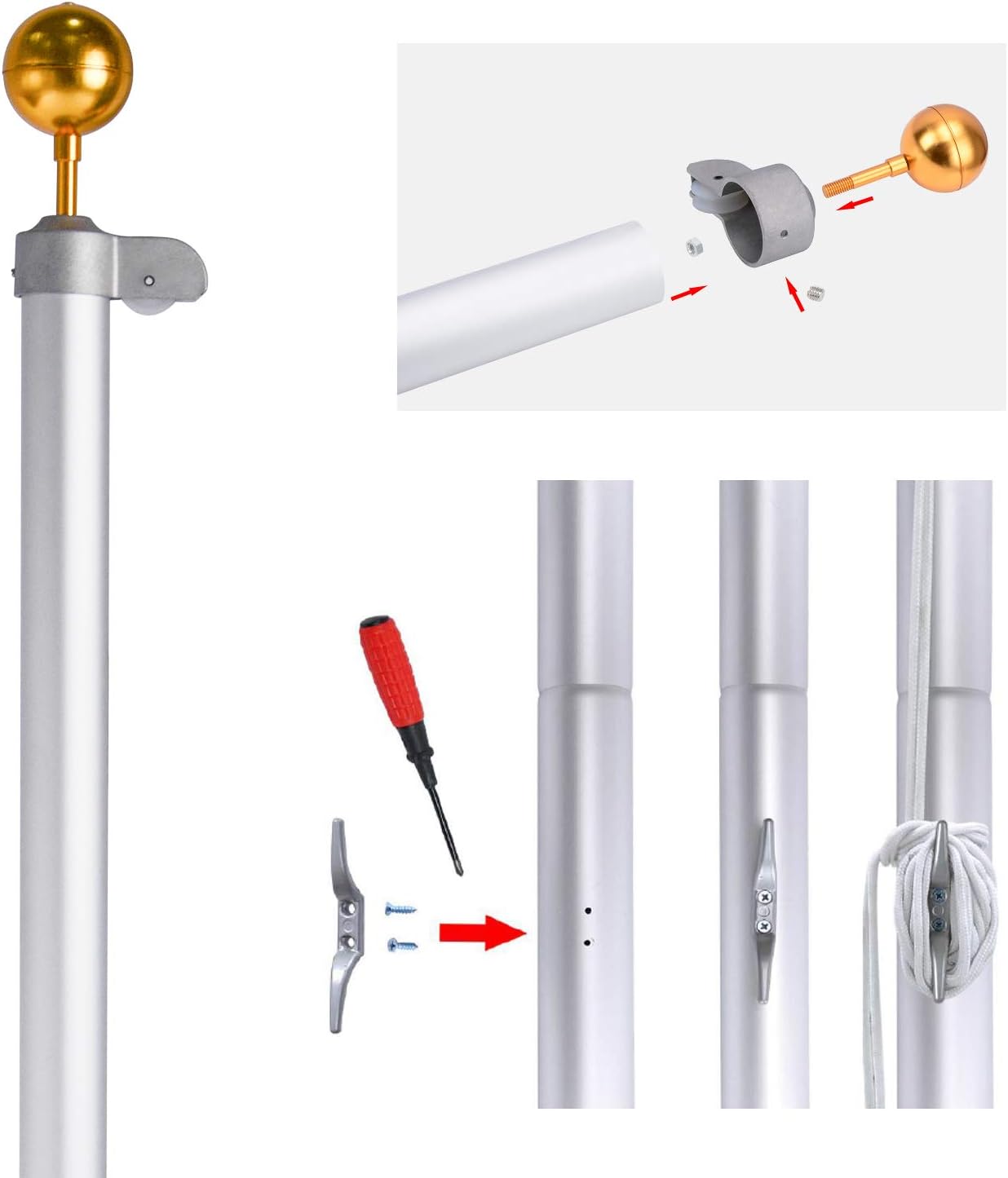 Gientan 25FT Sectional Flag Pole, Extra Thick Heavy Duty Aluminum Flagpole Kit with 3x5 US Flag for Commercial Residential Outdoor Use, Fly up 2 Flags