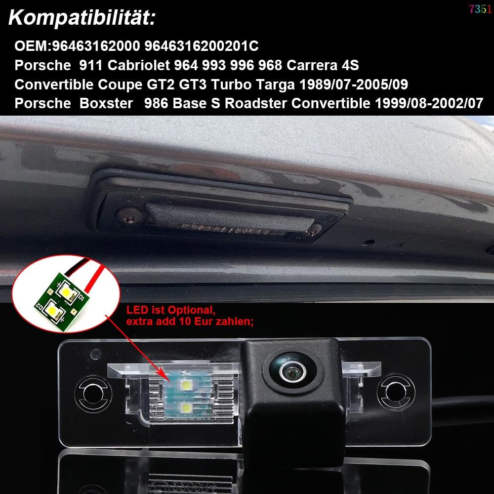 HD Auto Rückfahrkamera Einparkhilfe Farbkamera Replacement for Porsche 911 Cabriolet 964 993 996 968 Carrera 4S Convertible Coupe GT2 GT3 Turbo Targa Boxster 986 Base S Roadster