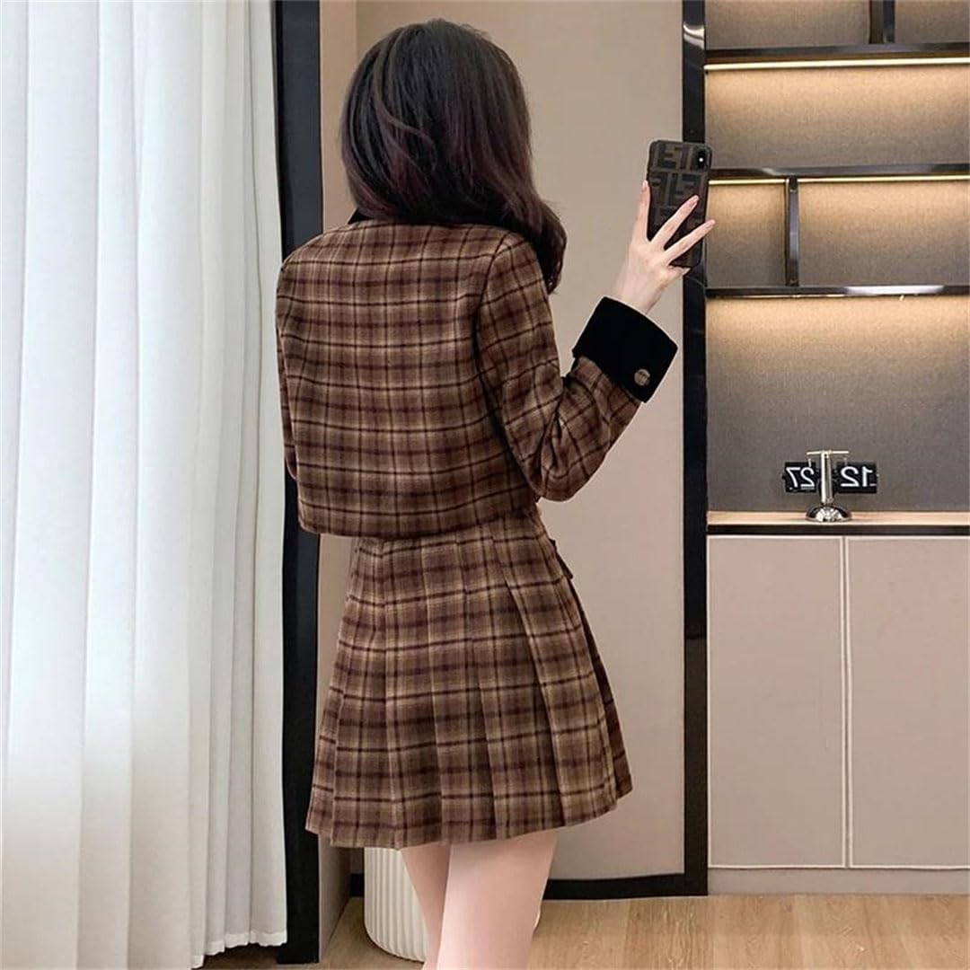 Women Plaid Two Piece Set Jacket High Waist Mini Skirt Outfit
