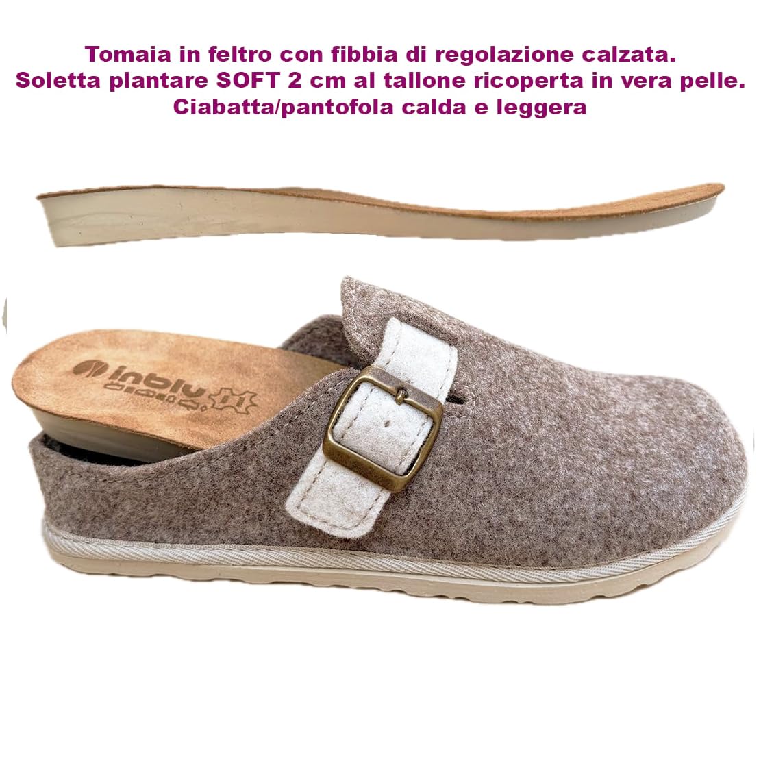 inblu Chanclas mujer zapatillas confort invierno sabot fieltro POLLY y hebilla plantilla anatómica SOFT extraíble