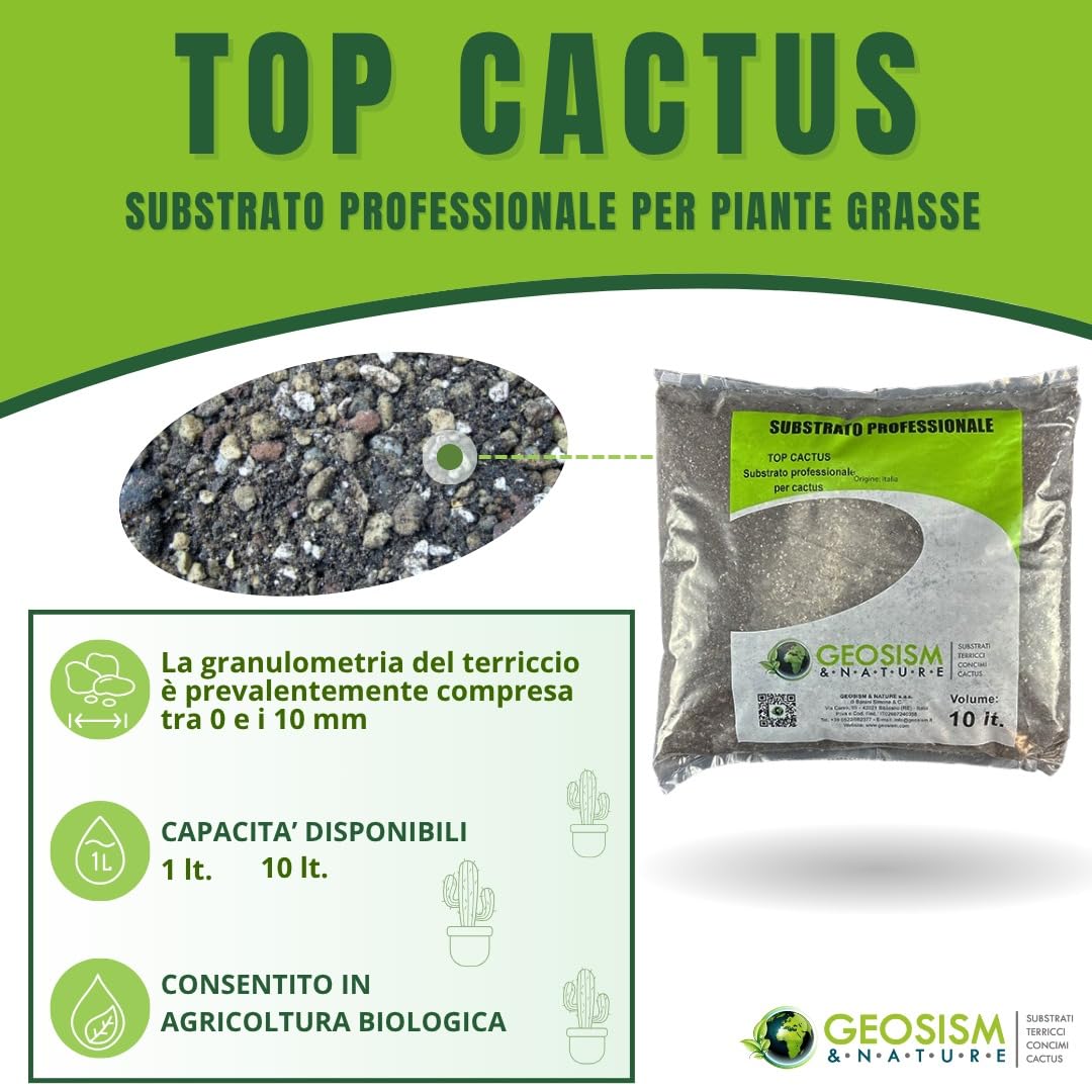 GEOSISM & NATURE - Terriccio per piante grasse, terriccio cactus, substrato professionale per cactacee e succulente, ideale per un terreno dreanto, areato, leggero e ricco di nutrienti (10 lt)