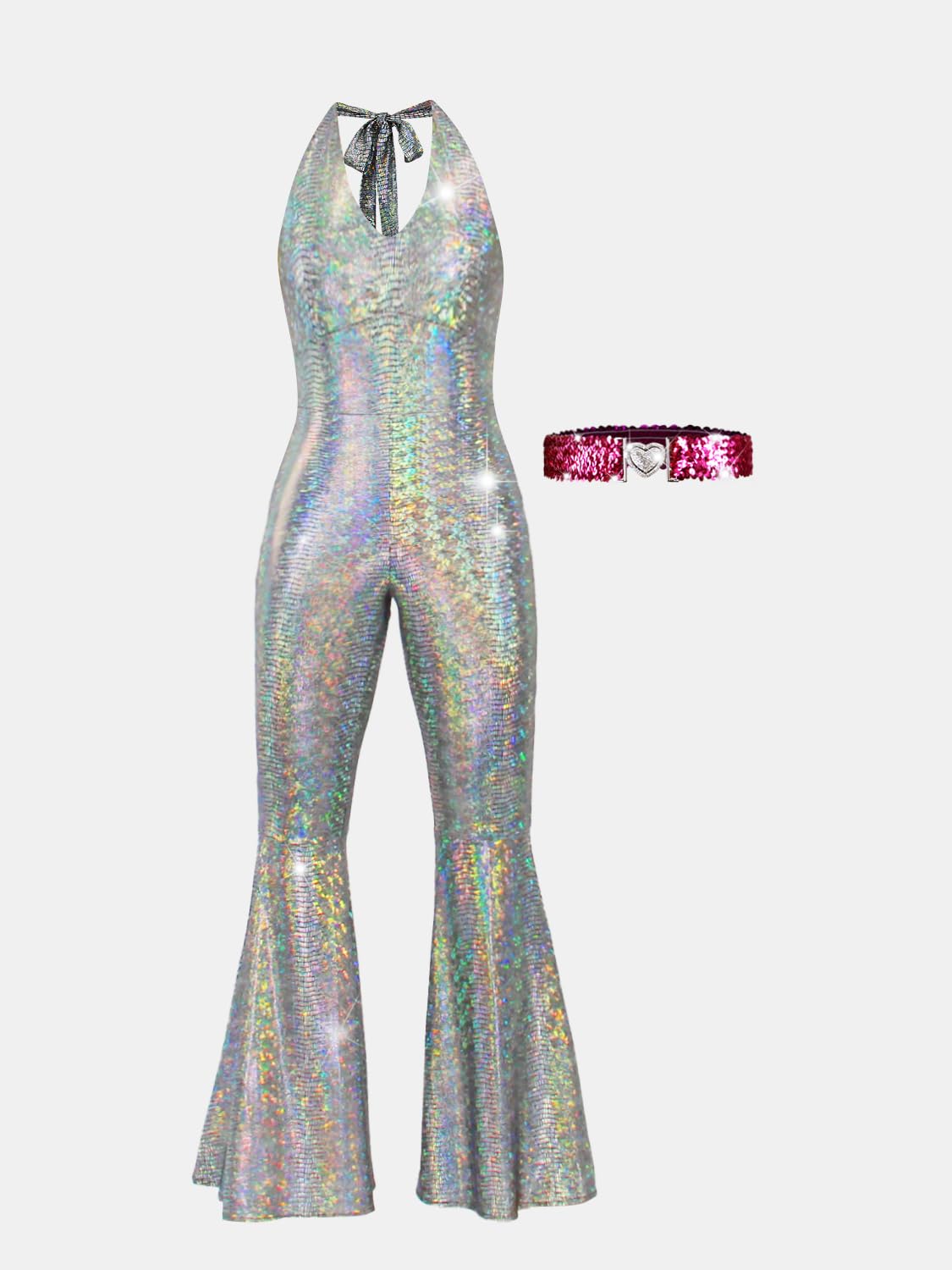 Disco-Outfit, 70er-/80er-Jahre, Abschlussball, glitzernd, ausgestellter Overall, Party, Kostüm, Halloween, Cosplay, für Erwachsene und Frauen