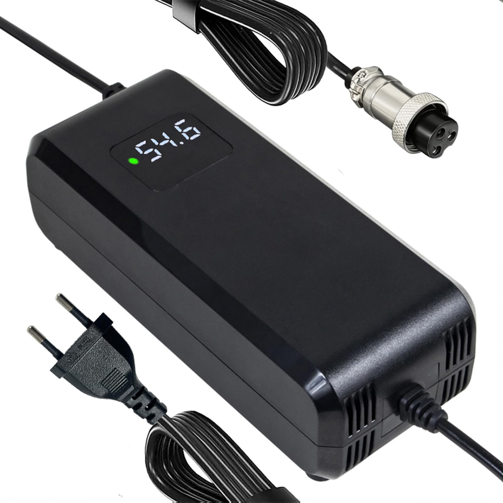Chargeur 54,6V 4A pour vélo électrique à Batterie Lithium 48V | Compatible trottinettes électriques, ventilateur, affichage tension, protections multiples, connecteur GX16-3