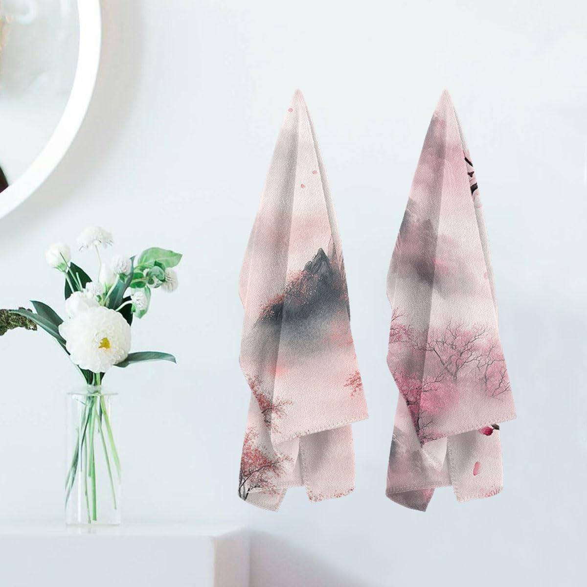 Pink Cherry Blossoms Hand Towels for Bathroom Japanese Landscape Ink Art Bath Towel for Home Hotel Spa Gym Yoga Nautical Beach Bathroom Decor 14"x28" image 5