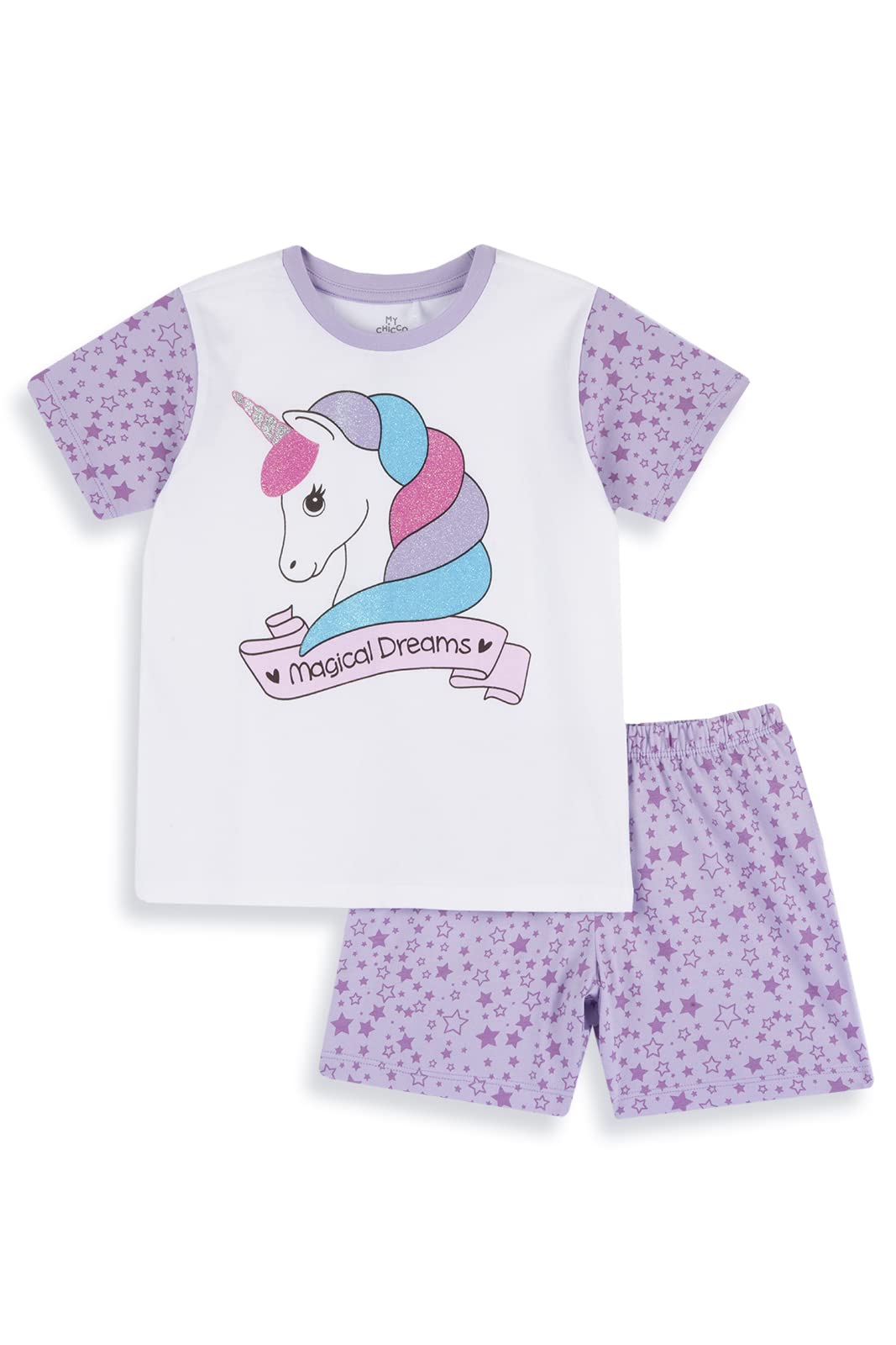 Chicco, Kurzer Pyjama mit Einhornmotiv aus leichter Baumwolle, Mädchenpyjama, Designed in Italy