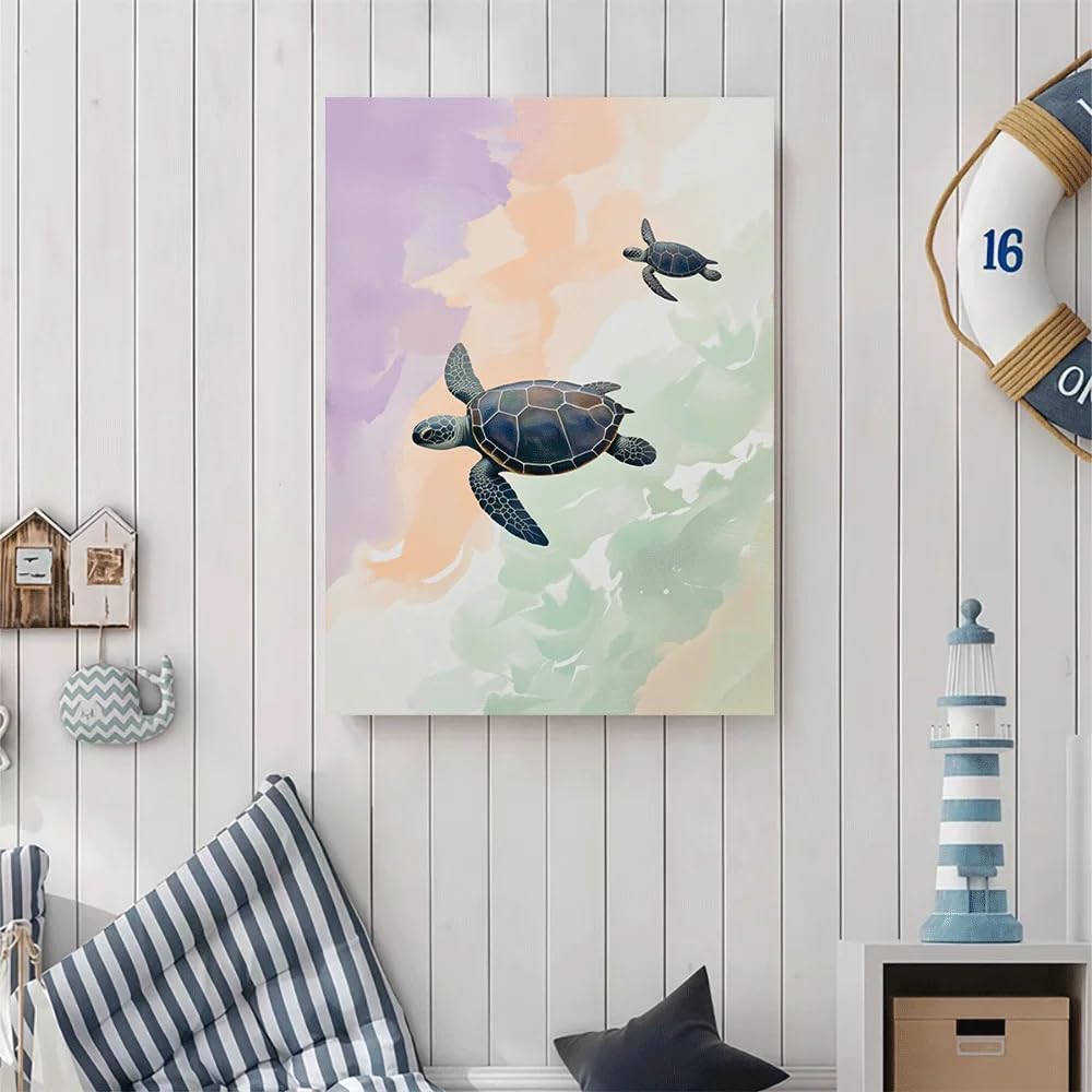 GKUVBF Impression sur toile aquarelle tortue de mer, affiche murale paysage marin estival pour la décoration de la chambre à coucher (60x80cm/cadre intérieur)