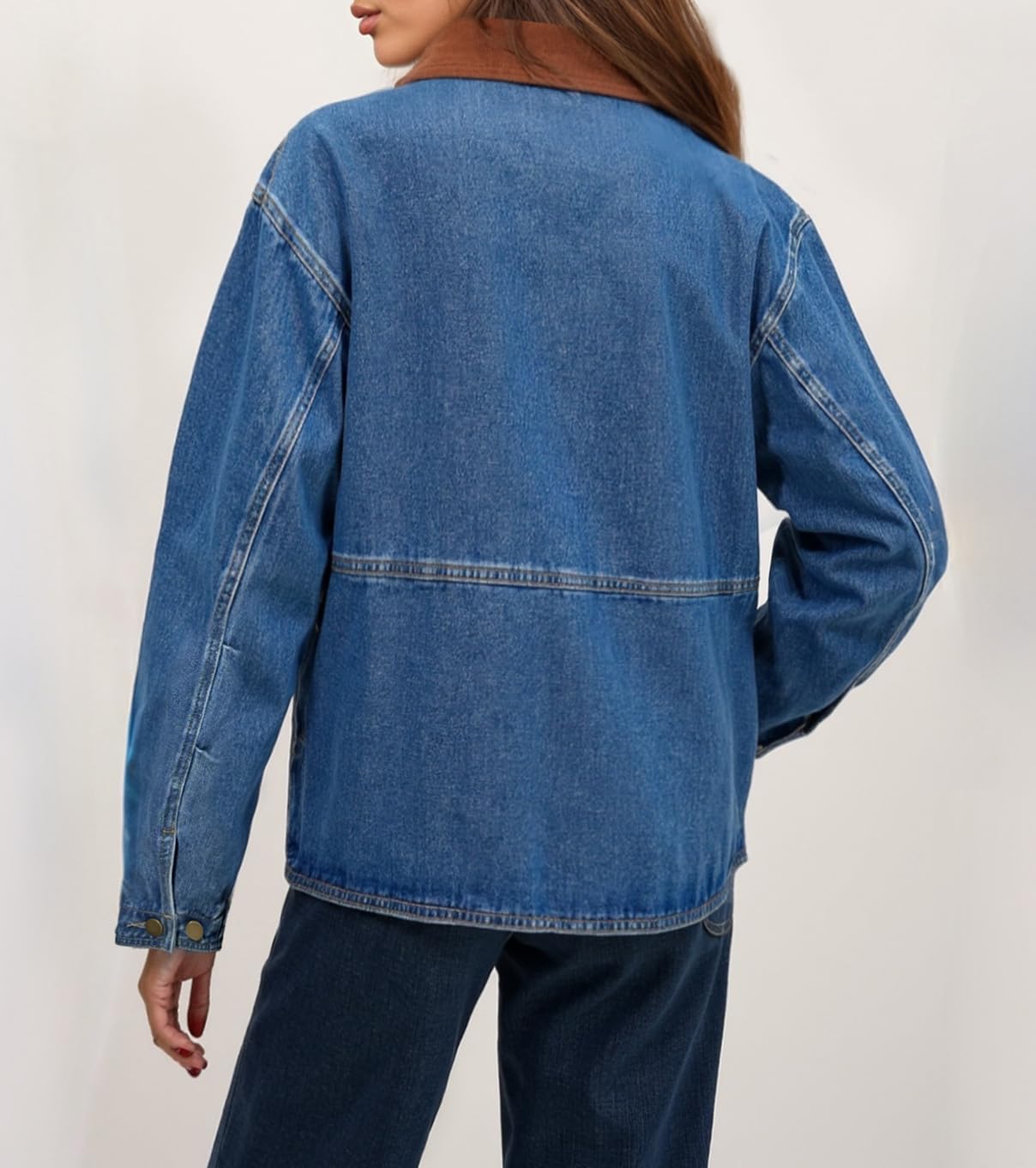Womens Oversized Jeans Jacket Casual Long Sleeve Corduroy Collar Barn Boyfriend Trendy Denim Jacket Coat with Pockets - Image 2