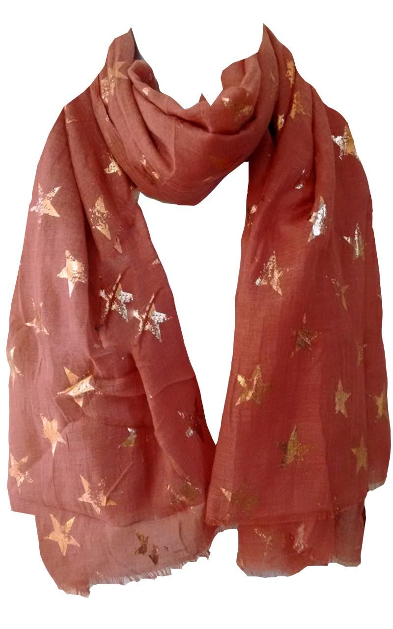 Glamlondon Women's Rust Stars Scarf Rose Gold Glitter Foil Antique Star Print Party Wedding Fashion Wrap (Rust)