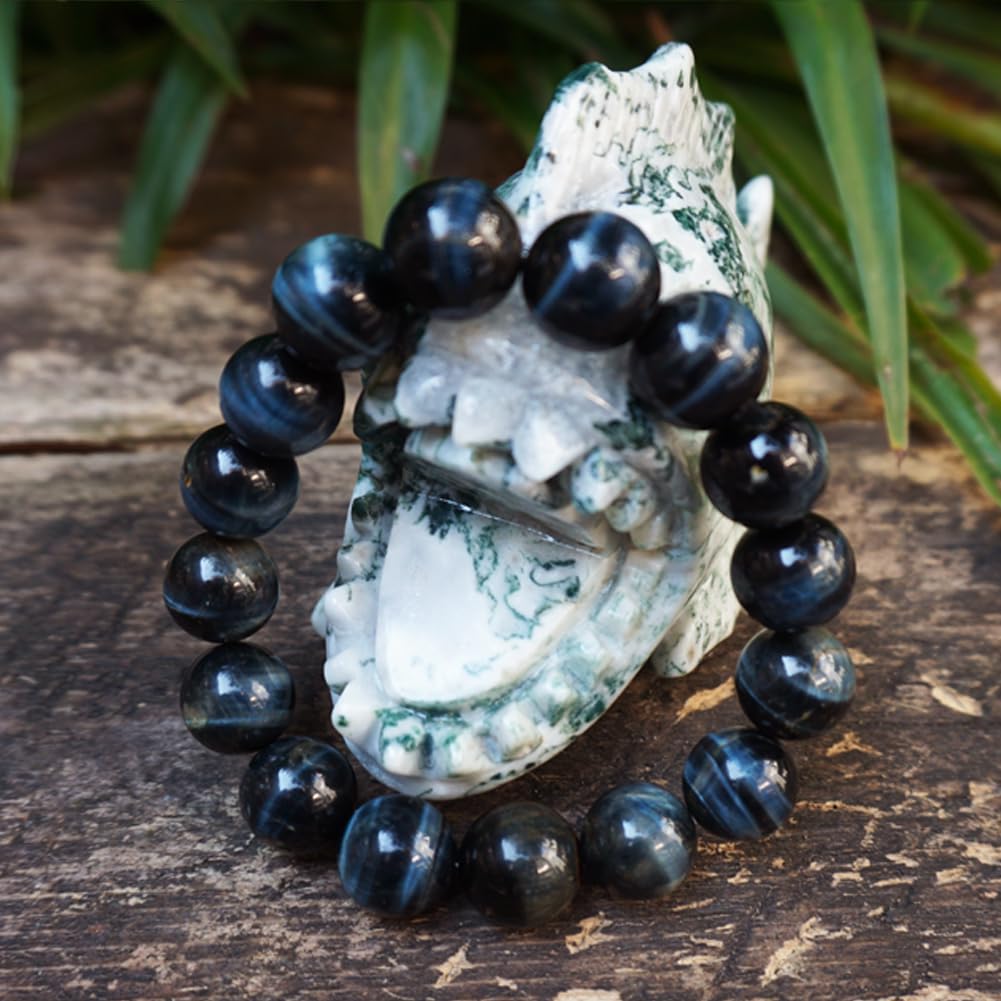 Blaues Tigerauge-Herrenarmband, 14 mm | Passt für ein XL-Handgelenk mit ca. 20 cm Umfang | Natürliche Solarplexus-Chakra-Edelsteine | Bringt Glück, Reichtum und Mut | Schutz vor dem Bösen | Geschenk