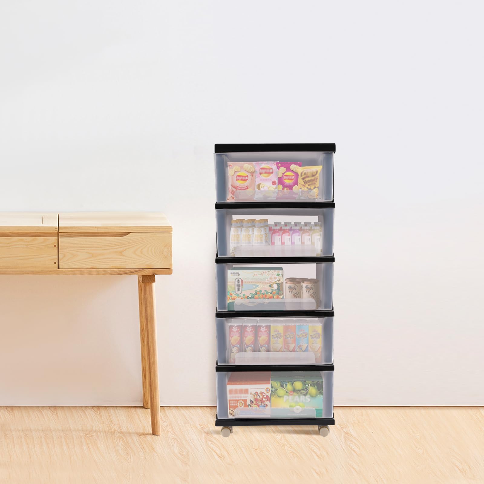 Cassetti in plastica trasparente multifunzionali a cinque strati, armadietto verticale impilabile, 5 cassetti trasparenti in formato A4, cassetto portaoggetti