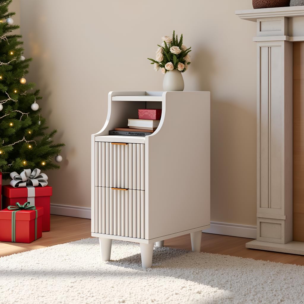7.9" Narrow Fluted Nightstand Set of 2,Slim Side End Table with 2 Drawers,White Modern Bedside Table,Skinny Night Stand for Bedroom,Small Space