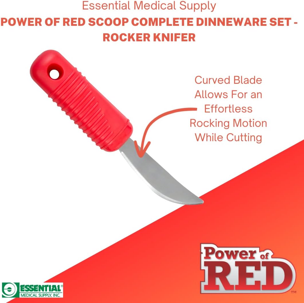Essential Medical Supply Power of Red Adaptive Dinnerware Set - Includes Scoop Dish and Bowl, Utensil Set, Nosey Cup - Designed for Elderly and Senior Use Plus Handicapped, Dementia or Rehab