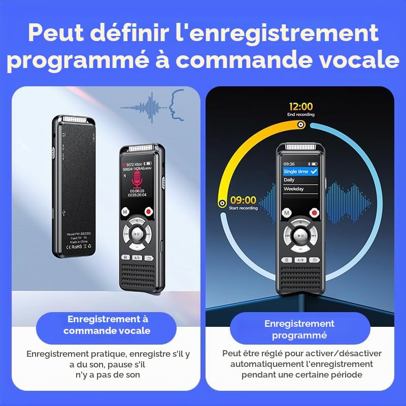 EVISTR Dictaphone numérique 3072Kbps 64 Go Bluetooth avec réduction du bruit Double microphone à activation vocale pour conférences/entretiens/réunions