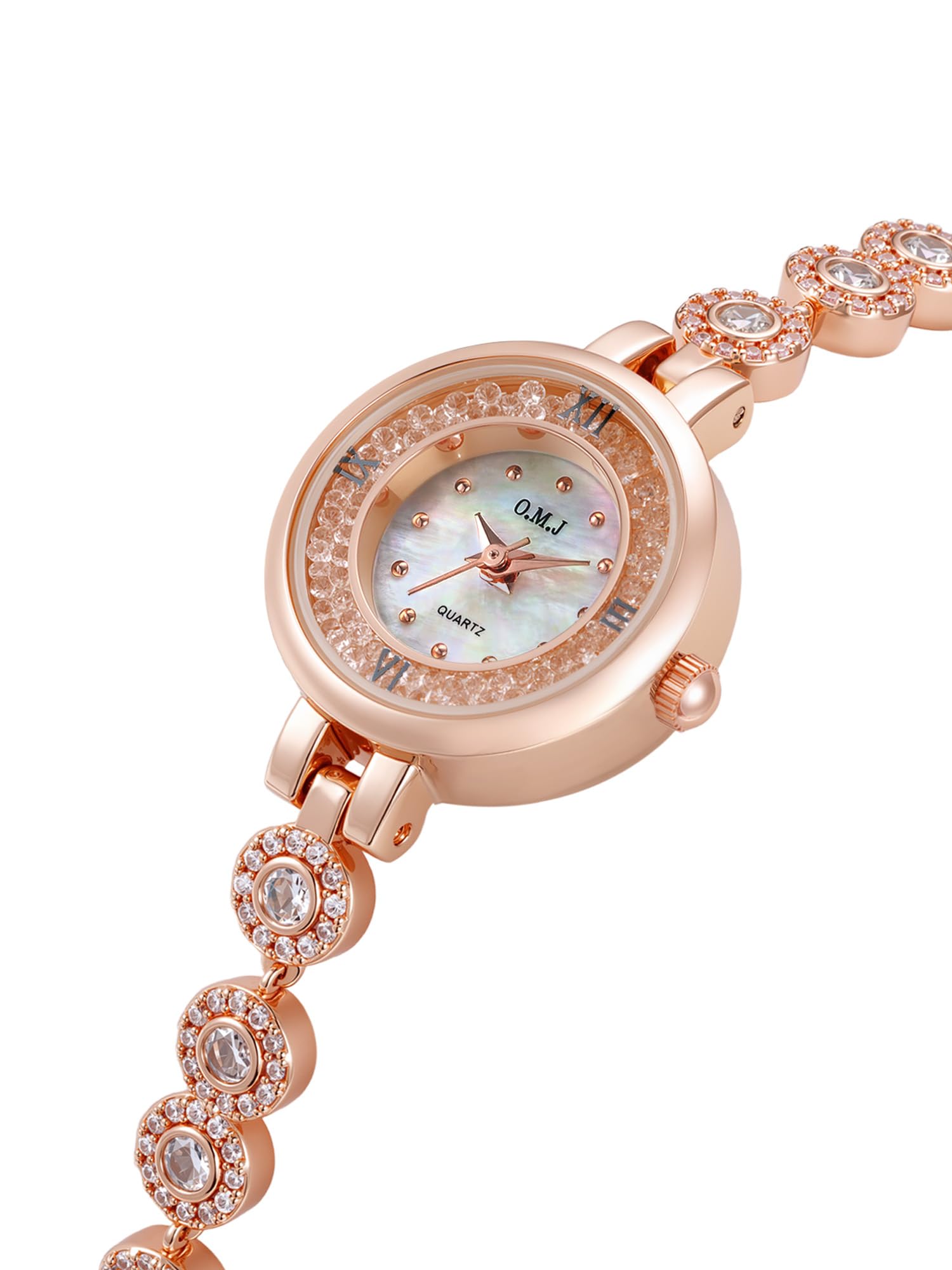 O.M.J Reloj para mujer de oro rosa con esfera de nácar y piedra natal con detalles de cristal