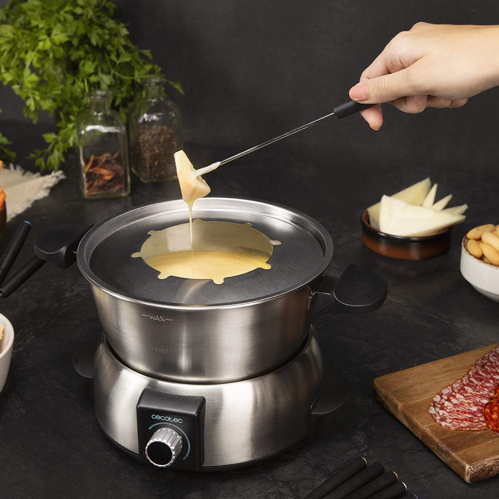 Cecotec elektisches FunGourmee Fondue aus rostfreiem Stahl für 8 Personen, einstellbare Temperatur, 1000 W, mit 8 Spießern, für Käse, Schokolade und Öl