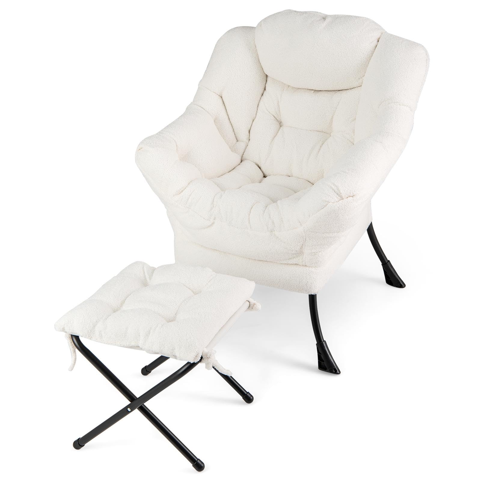 RELAX4LIFE Modern Accent Chair, Upholstered Sherpa Lazy Chair Lounge Armchair with Side Pocket, Button Tufted Comfy Occasional Leisure Sofa Reading Chair for Living Room (with Footstool, Beige)