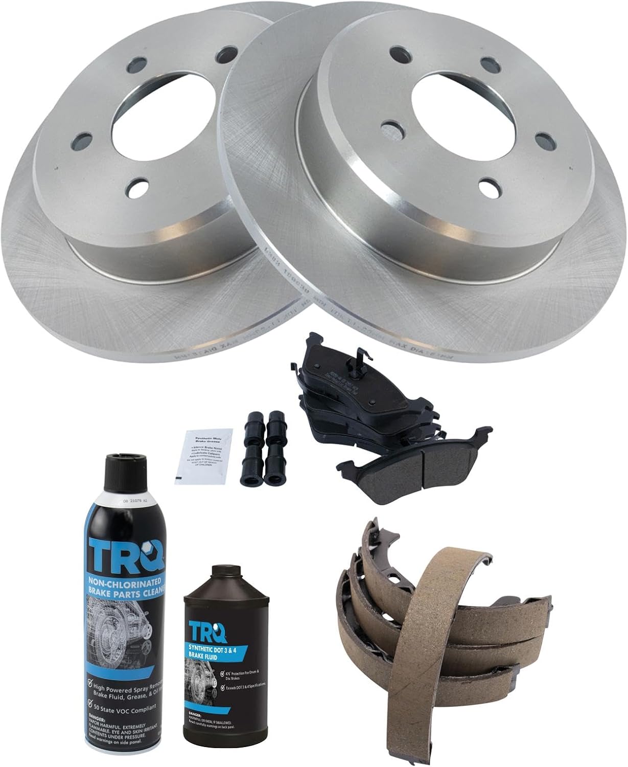 TRQ Rear Brake Pad & Rotor Kit Brake Chemical Kit Brake Pads Brake Rotor Parking Brake Shoe Set Semi-Metallic Compatible with 2001-2007 Chrysler Town & Country Dodge Caravan Grand Caravan