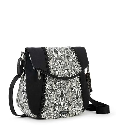 Sakroots Foldover Crossbody Bag In Cotton Canvas, Multifunctional Purse With Adjustable Strap & Zipper Pockets, Black & White Soulful Desert 2 #TOP2