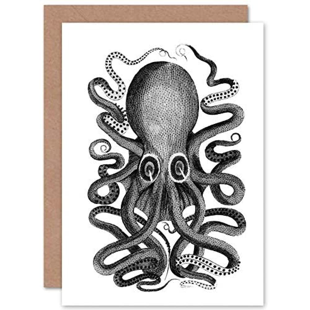 Wee Blue Coo Octopus Vintage Illustration Greeting Card With Envelope Inside Premium Quality - View #5