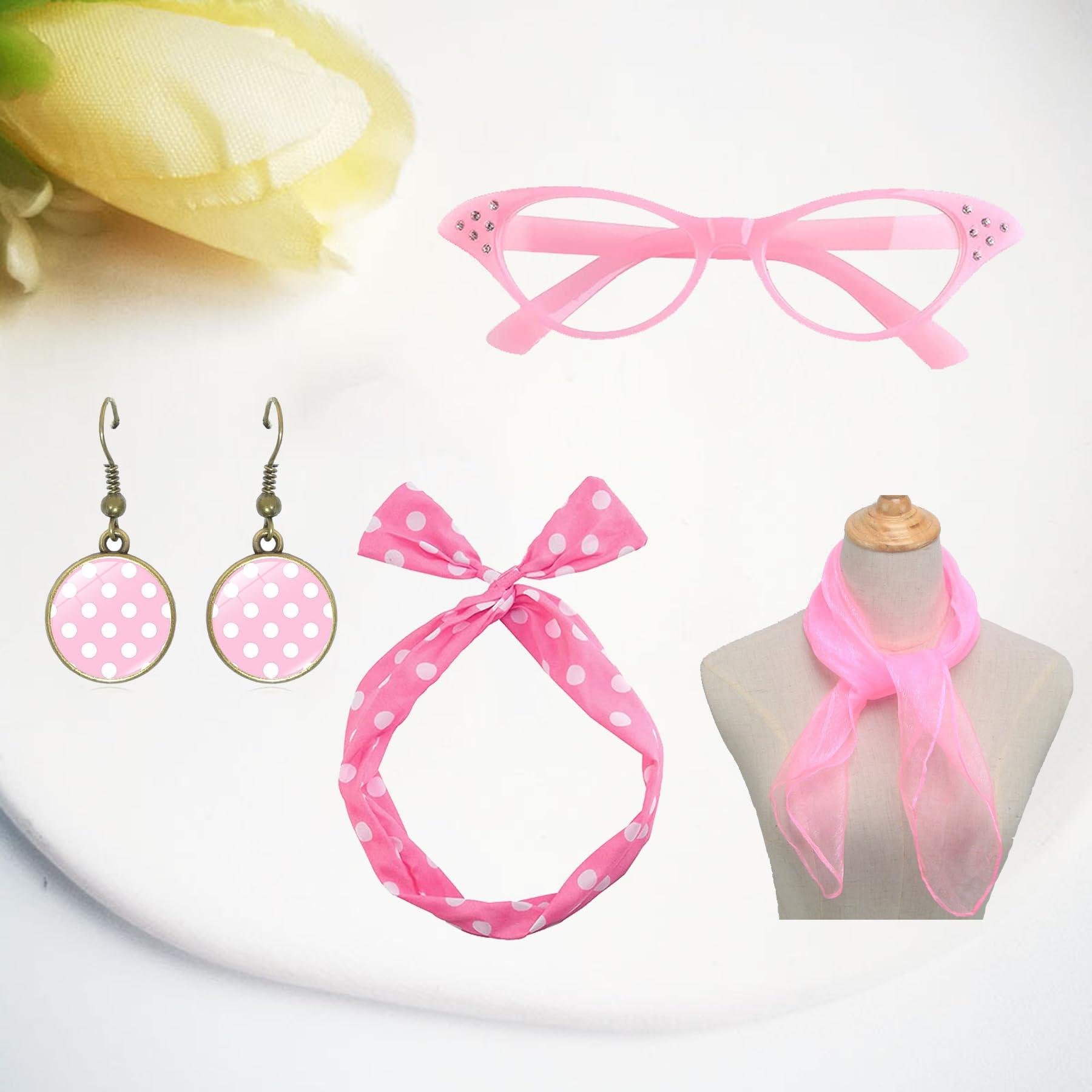 BAIYSFFG 50s Costume Accessories for Women 1950s Fancy Dress Kit Cat Eye Glasses Polka Dot Bandana Tie Headband Earrings Ladies Grease Fancy Dress for Women Ladies 1950s Retro Party Decor (Pink) - Image 4