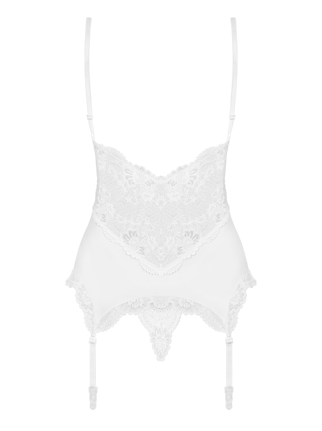Obsessive. Damen Dessous Reizwäsche Strapshemd mit Soft Cups und String in weiß transparent aus glattem Material und Spitze