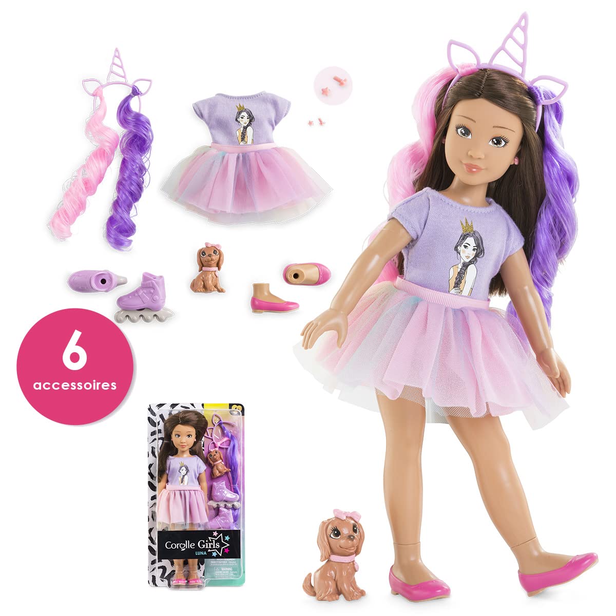 Corolle 9000600030, Girls Luna Unicorn Set, Dressing Doll in Summer Outfit with Dog, with Headband - Image 2