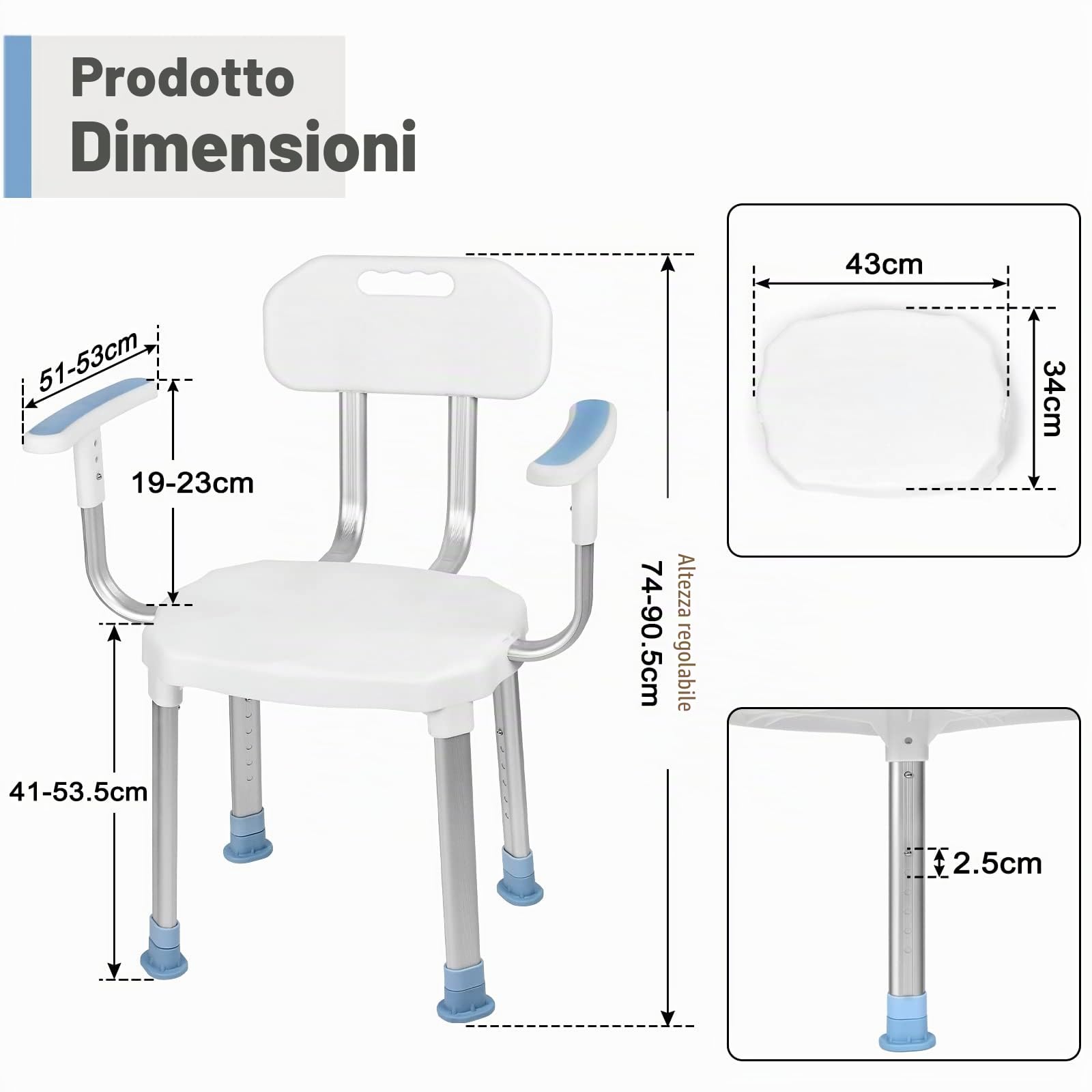 UISEBRT Sedia da doccia con bracciolo e schienale, sgabello da doccia regolabile in altezza, con piedini in gomma antiscivolo, sedile doccia fino a 150 kg