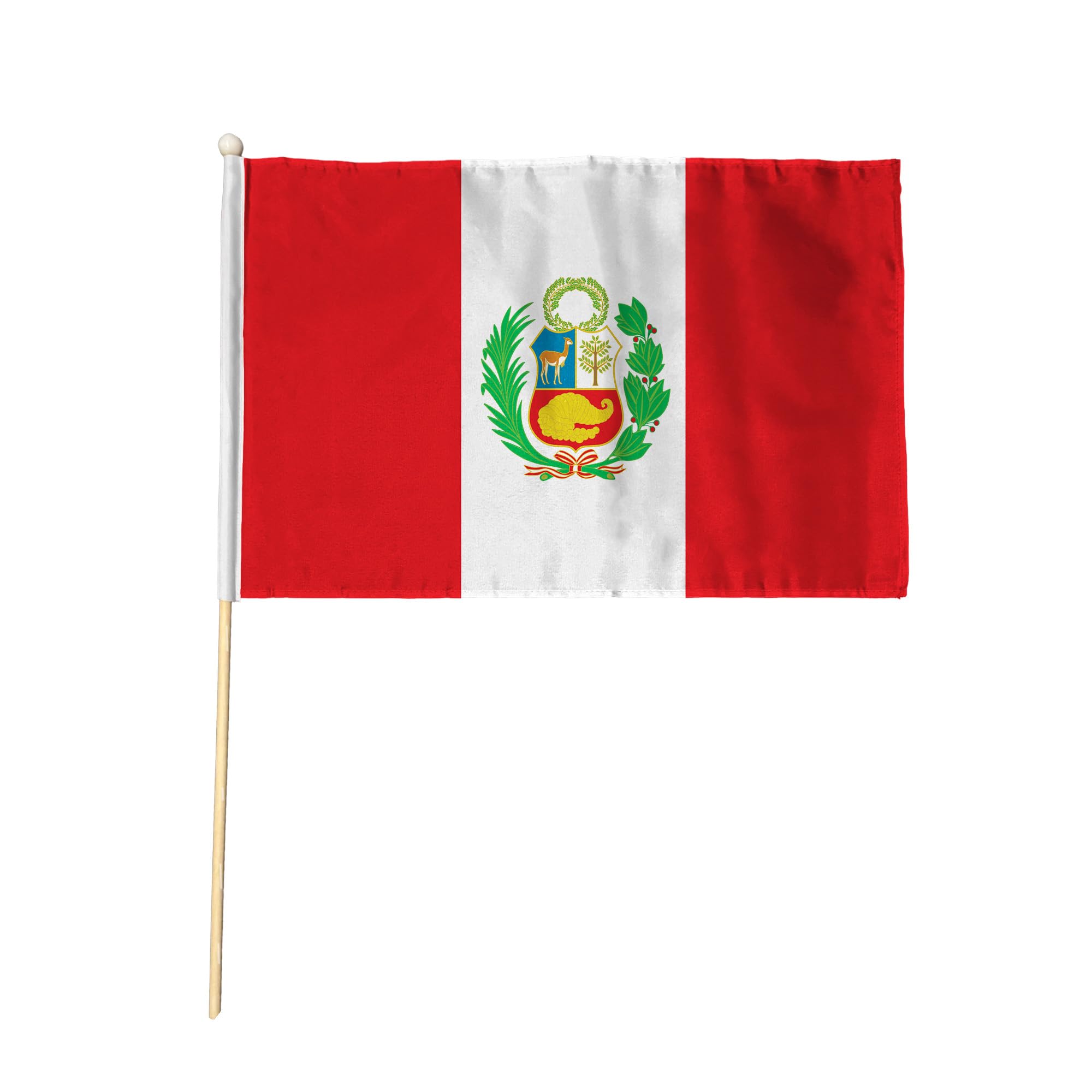 Flagtex Peru with Crest Pack of 6 Hand Waving Flag (18x12 Inch Large) - Premium Wooden Stick Hand Flag Big Size Natural Wood Pole Red White Coat of Arms Flag Events