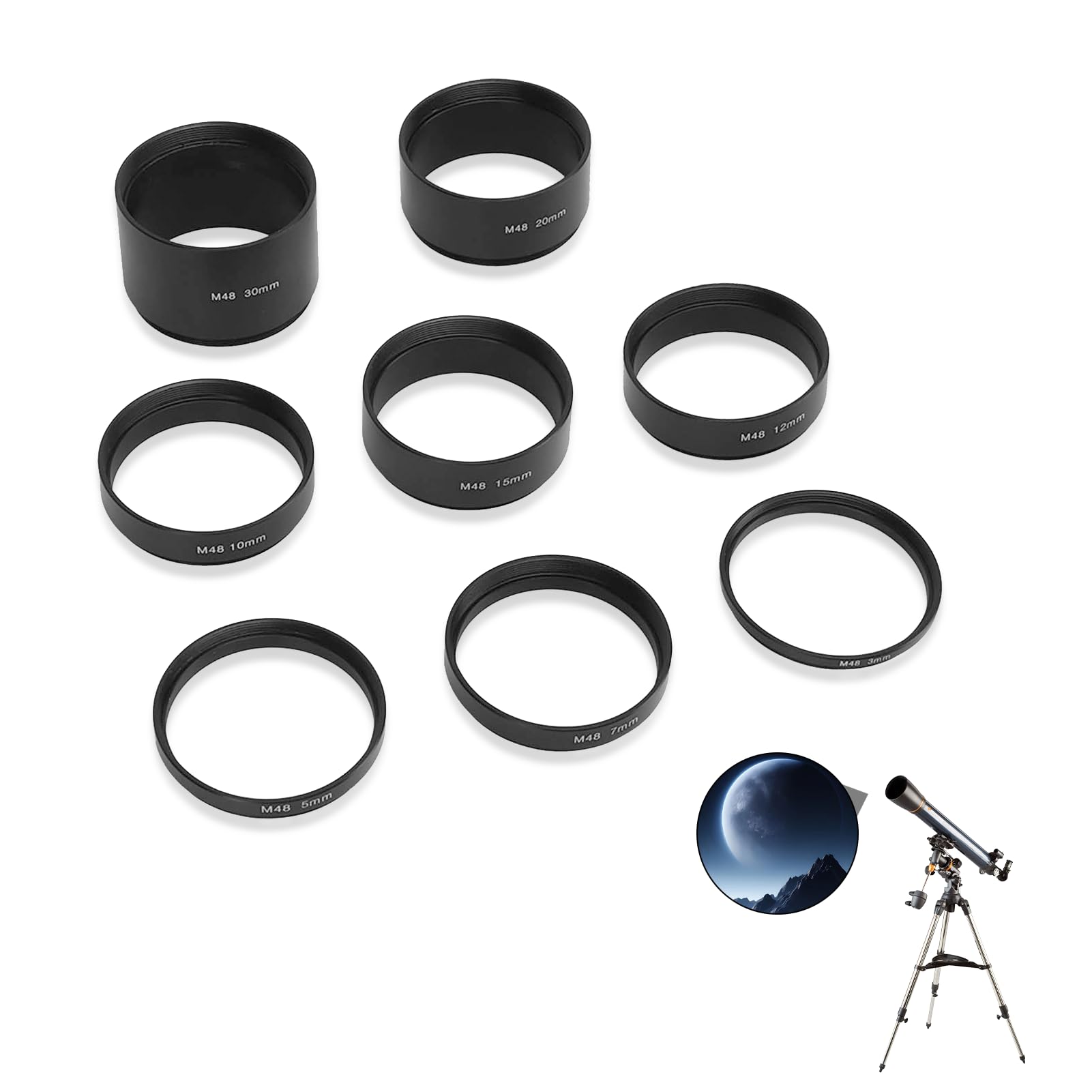 Juego de Tubos de Extensión de Longitud M48x0.75 de 8 Piezas, Elimina Problemas de Enfoque, Anillo de Extensión de 3 5 7 10 12 15 20 30 Mm, para Fotografía de Telescopio