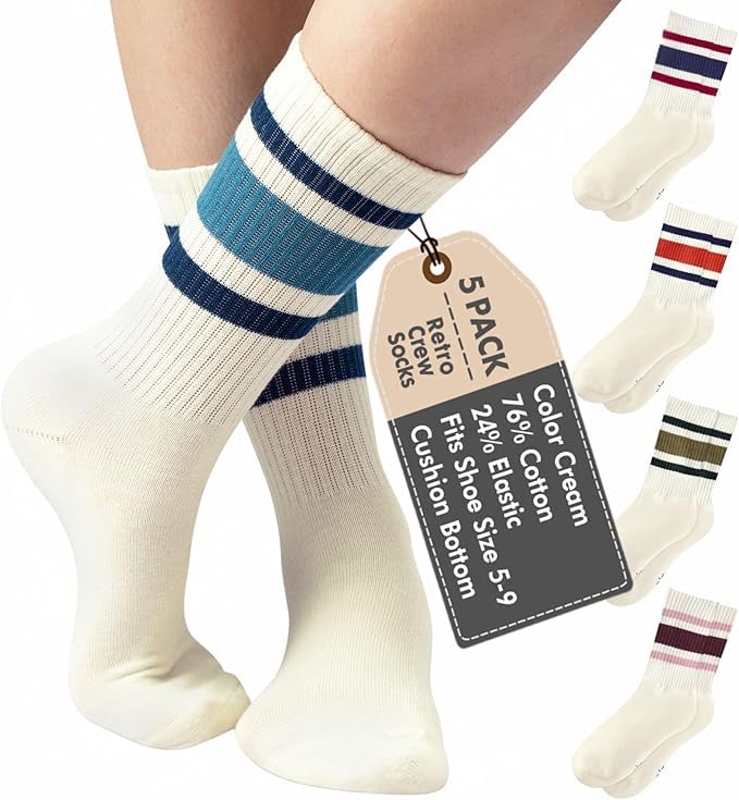 Striped Retro Crew Socks for Women - Pair of 5 Triple Striped Socks with Terry Cushioned Sole