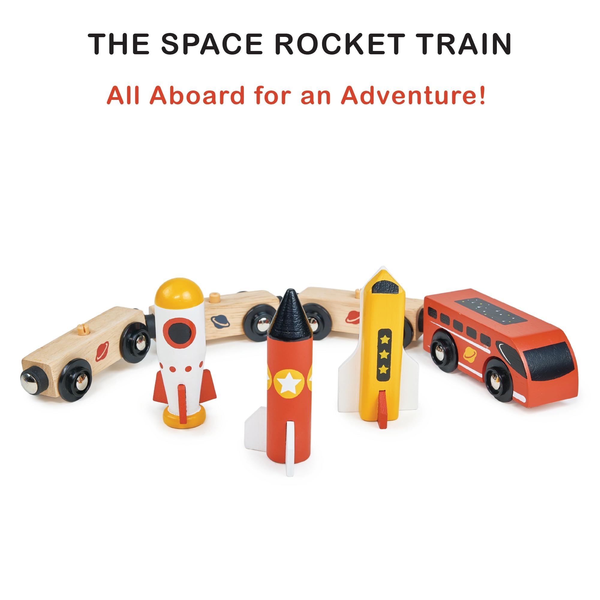 Mentari Toys - The Space Rocket Train - 7pc Wooden Train with Magnetic Rocket Carriages - Compatible with Major Wooden Train Tracks - Encourages Imaginative Play and Fine Motor Skills - Age 18m+