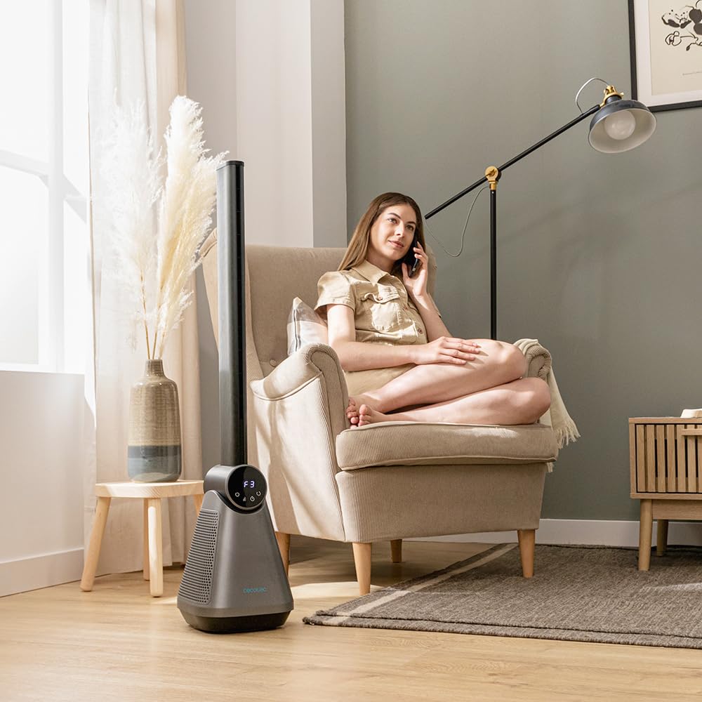 Cecotec - Ventilatore a Torre EnergySilence 9890 Skyline Bladeless Dark senza pale 100 cm, 50W, touch screen LED, telecomando, 3 modalità, 3 velocità, timer 15 ore, oscillazione 40º, Acciaio Base Nera
