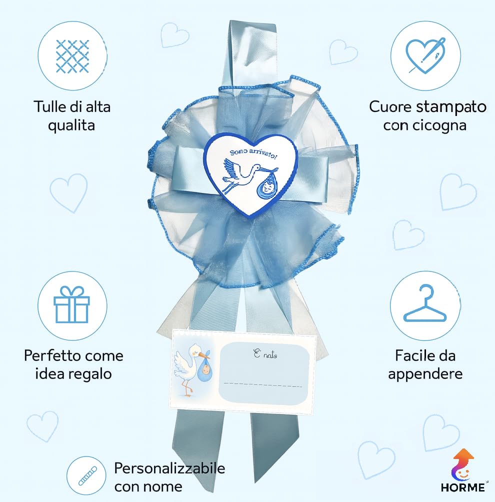 Horme Fiocco Nascita Bimbo Azzurro “Sono Arrivato” in Tulle di Alta qualità, Personalizzabile con Nome – Coccarda Nascita Neonato per Decorazione Porta o Cameretta 40×18 cm