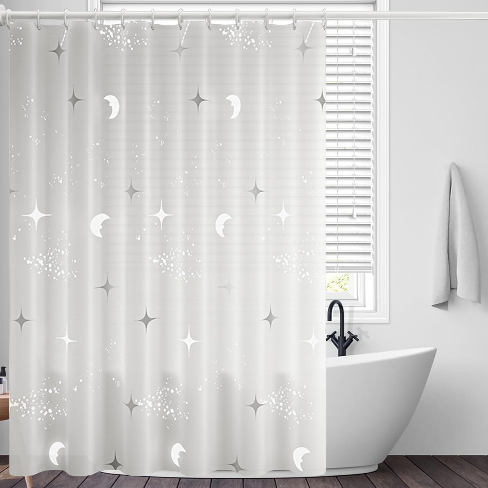 BANLMEYD Shower Curtain Mould Proof Resistant Translucent Star Moon, 180x180cm Premium PEVA Waterproof Shower Curtain with Rustproof Grommets and 12 Hooks for Wet Rooms