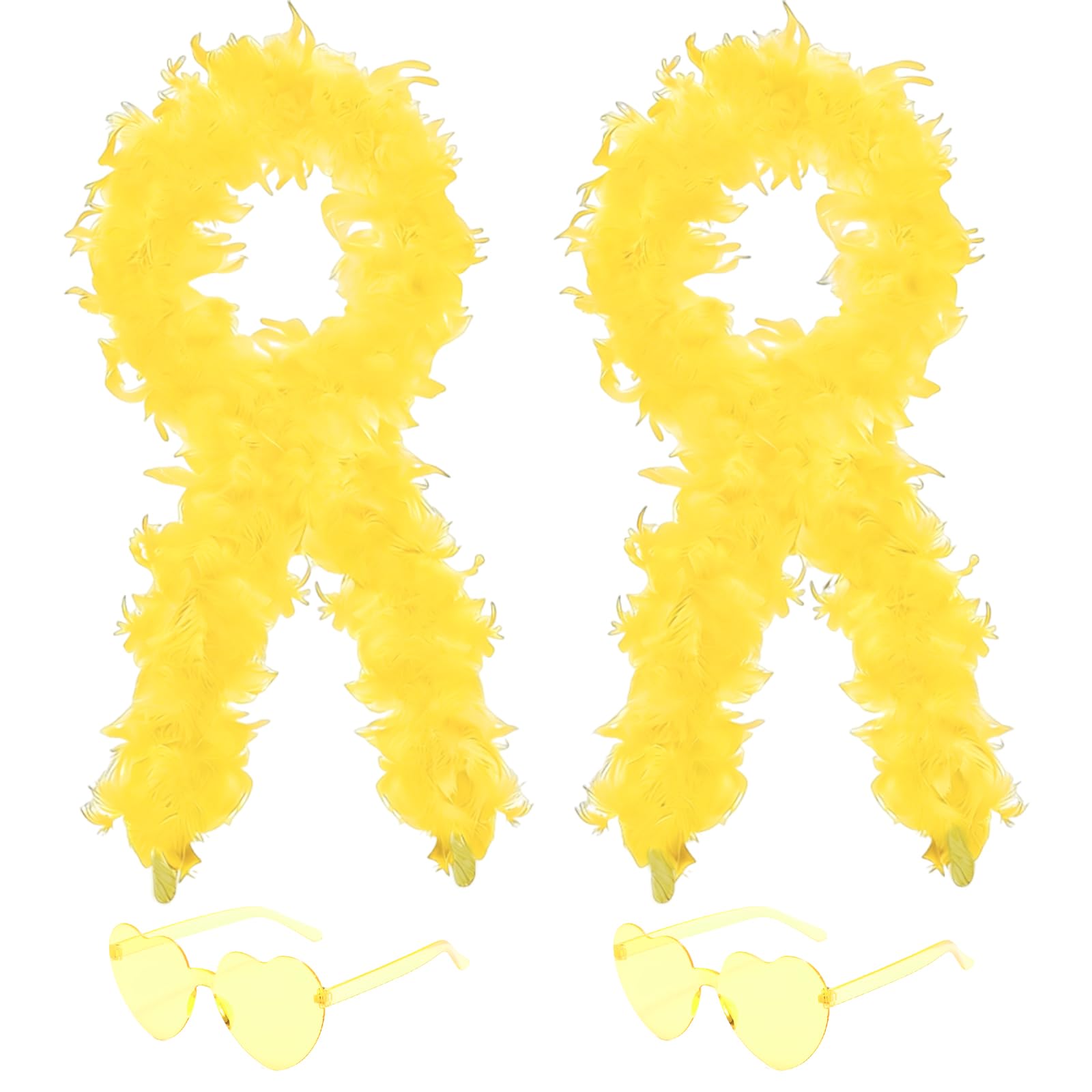 4Pcs Colorful Fancy Dress Feather Boa Set, 4ft Feather Boa with Heart Rimless Sunglasses for Women, Artificial Fluffy Boa Decorations wit for Dancing Wedding Party Cosplay Halloween (Yellow)