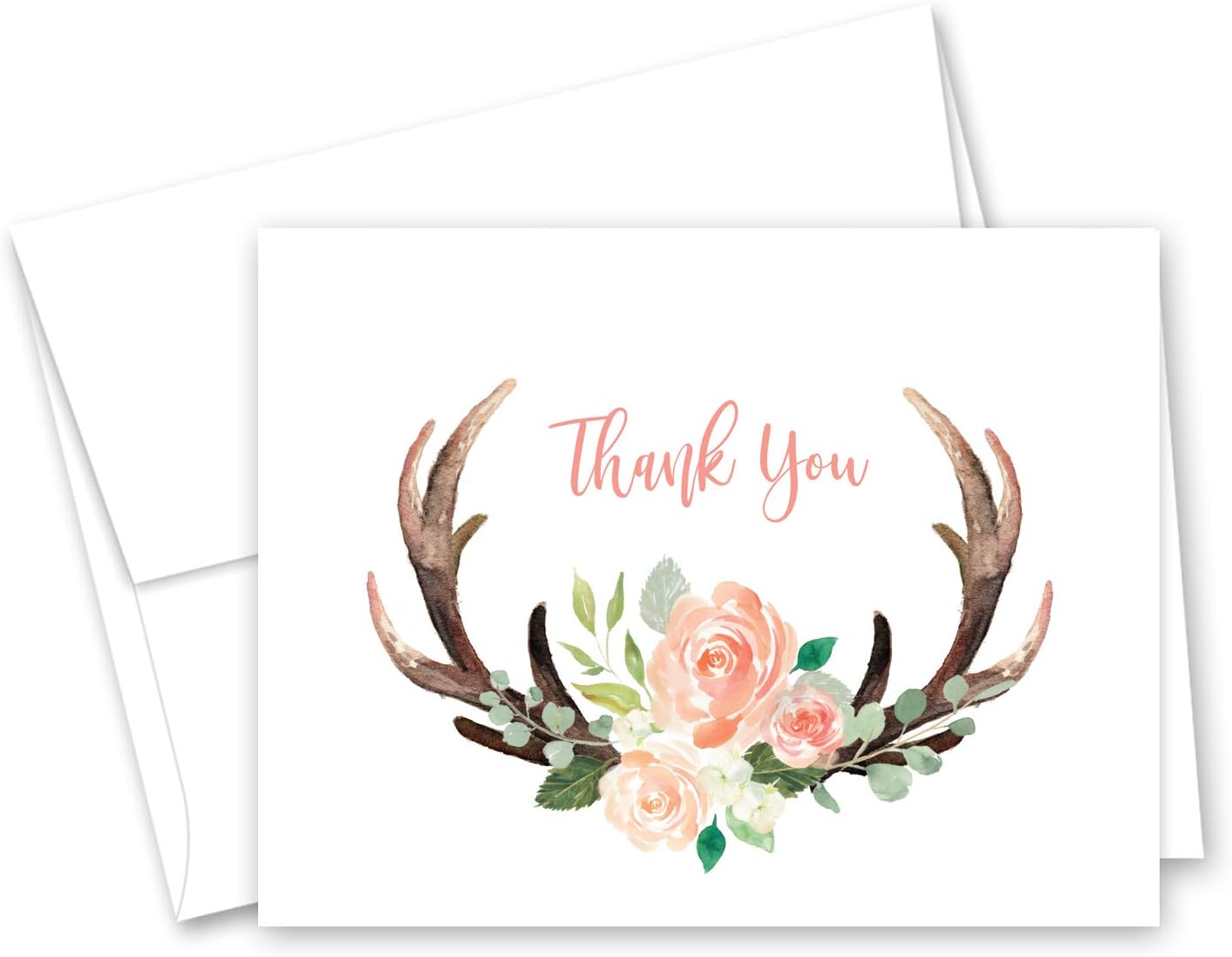 Floral Oh Deer Rustic Antler Baby Shower Thank You Cards - Set of 50 (Peach Floral)