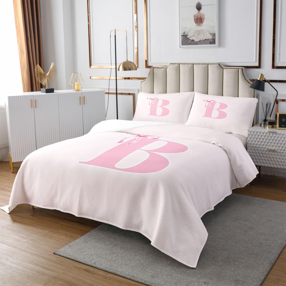 Manfei Cute Bowknot Bedspread,Coquette Ribbon Bow Princess Quilt Set for Adults Women,Initial Letter B Bedding Set,Pink B 3 Pcs Coverlet Set with 2 Pillow Shams,King Size