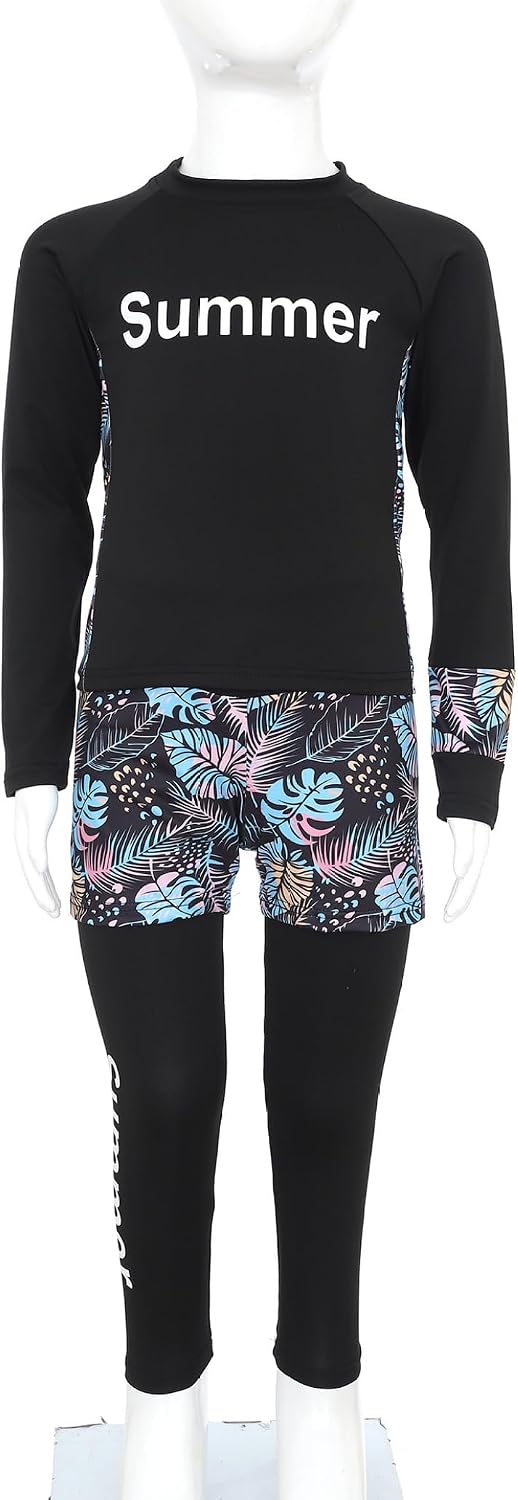 Girls Boys Swimsuit Long Sleeve Swim Top with Swim Shorts Swim Pants Set Beachwear Bathing Suit
