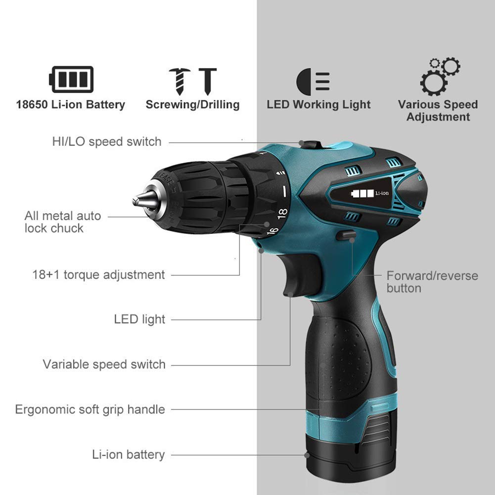 Trapano Avvitatore a Batteria Professionale da 16,8 V, cacciavite Elettrico, Coppia Massima 32 NM, Utensili per la Lavorazione del Legno Fai da Te a 2 velocità con batterie agli io