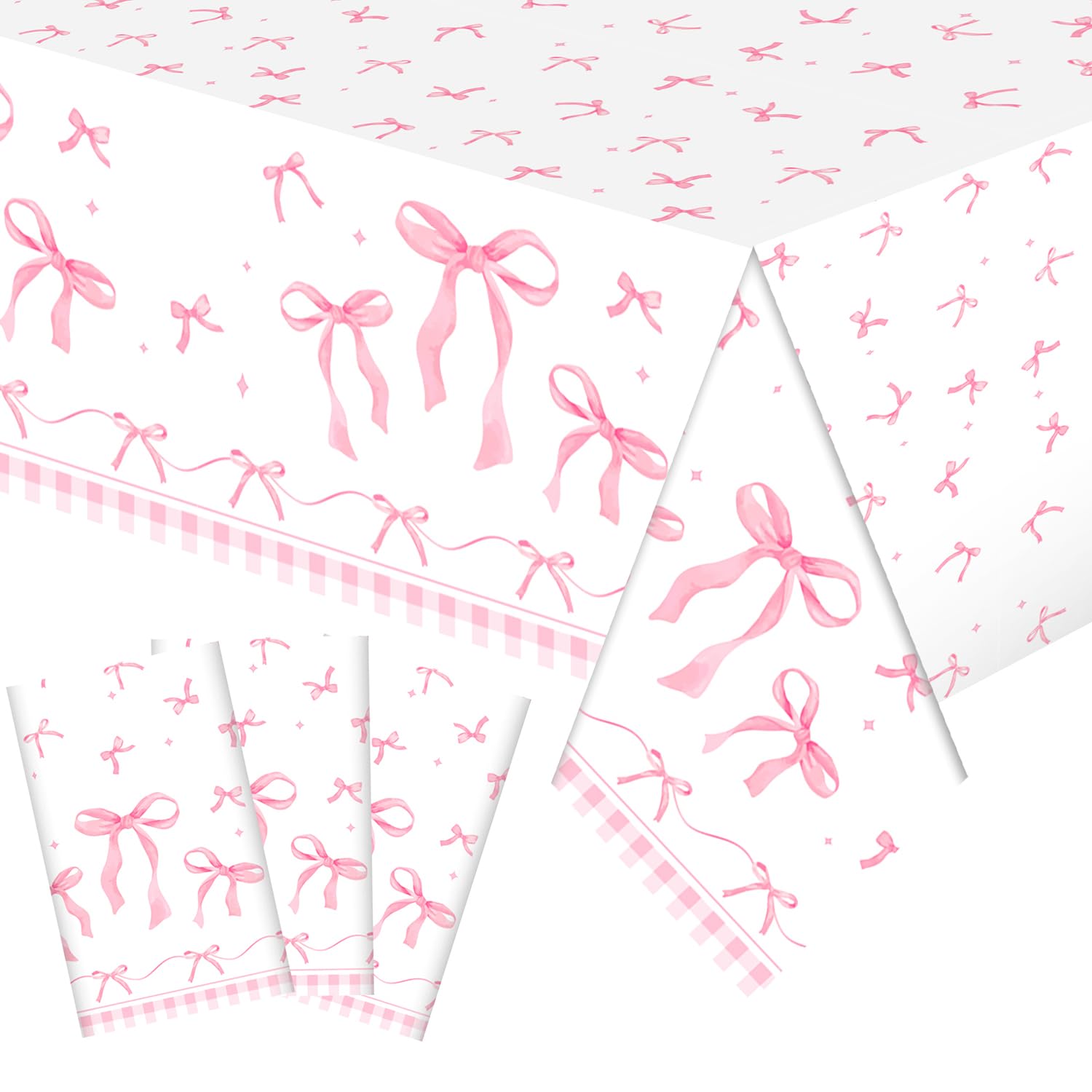LLKJYXGS 3Pcs Pink Bow Table Cloth Rectangle Table Party Supplies Bow Theme Disposable Plastic Table Covers for Baby Shower Bridal Shower Bachelorette