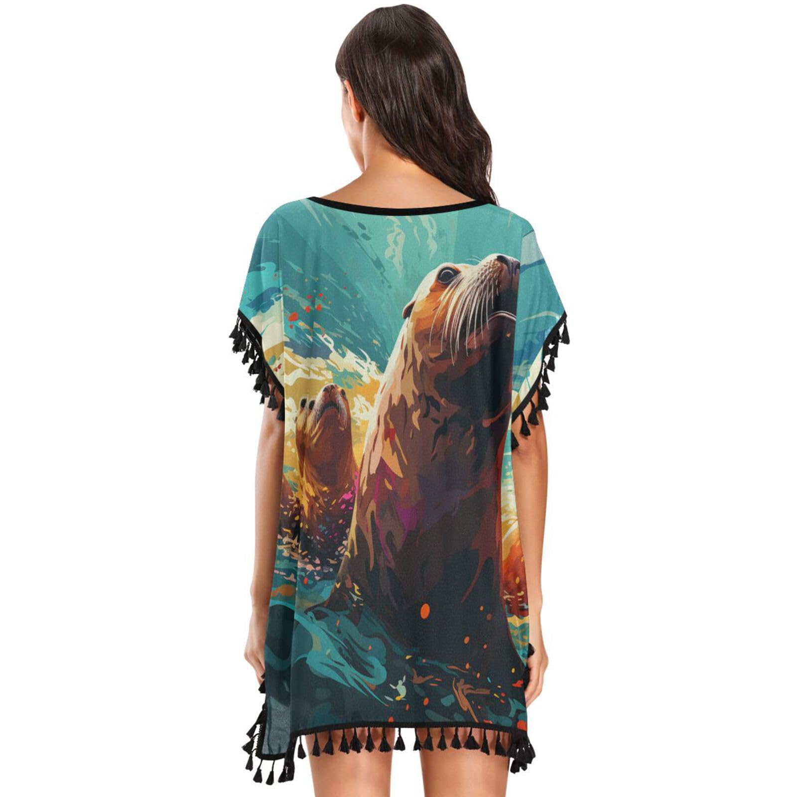 Abstract Art Colorful Sea Lions Women's Beach Cover Up Chiffon Tassel Swimwear Swimsuit Coverups for Girl