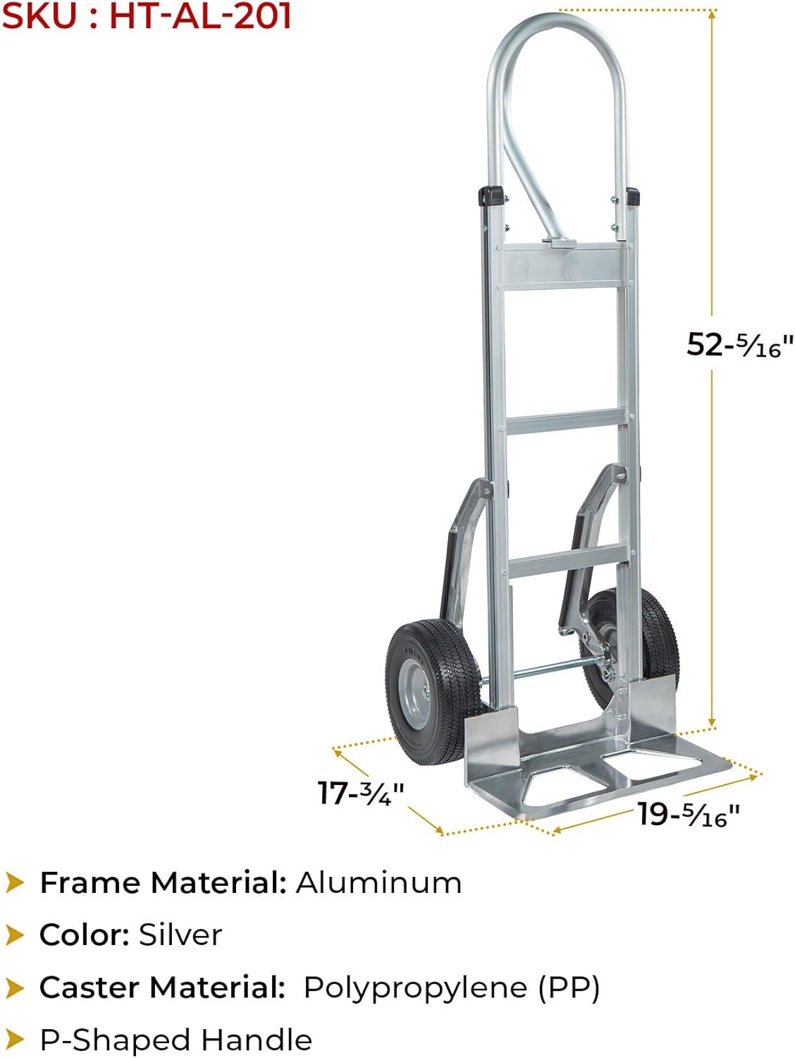 Mytee Products 600 lbs Aluminum Hand Truck Heavy Duty Dolly with P Handle & 10" Caster Wheels - Hand Truck with Skid Bars & Vertical Loop Handle - 52.3" x 17.5" with 19.3" x 7.5" Nose Plate