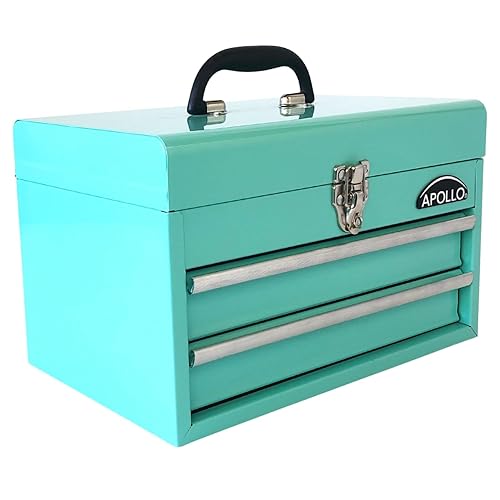 Apollo Tools 14 Inch Steel Tool Box with Deep Top Compartment and 2 Drawers in Heavy-Duty Steel With Ball Bearing Opening and Powder Coated Finish - Aqua Green - DT5010-GR - Aqua Green - 14 inch