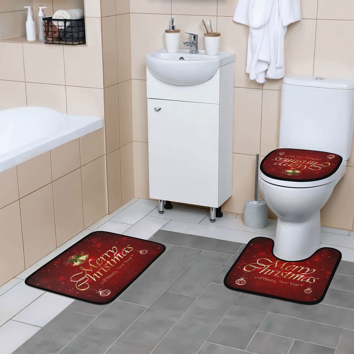 Mnsruu Lot de 4 rideaux de douche avec 12 crochets Motif boule de Noël Rouge