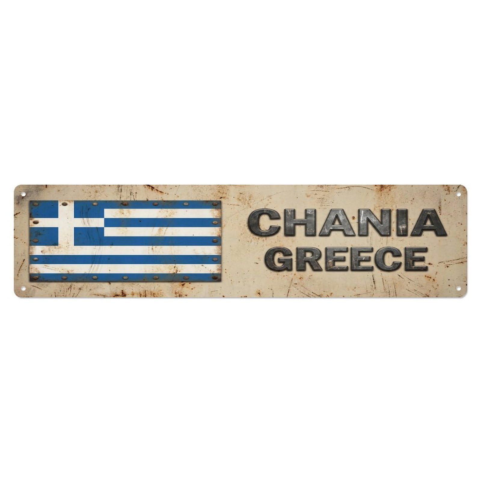 Metal Tin Sign Vintage Chania Greece Flag Decor Rustic Travel