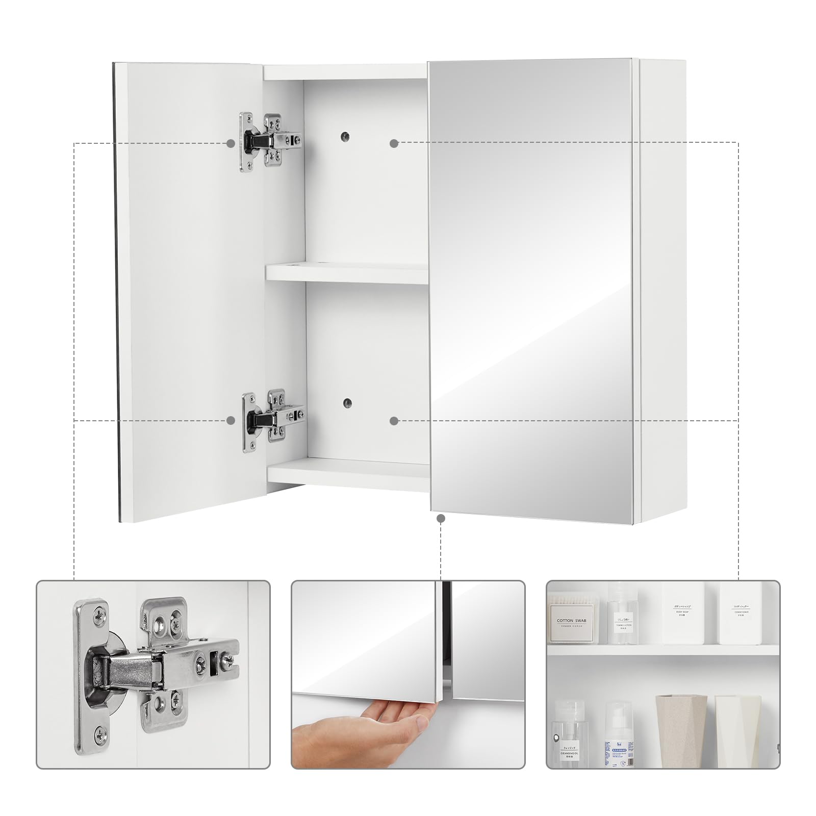 Mondeer Armario de Pared con Espejo de baño, Armario de Almacenamiento con 2 Puertas y 2 estantes, de Madera, Estilo Moderno, para baño, 45 x 13 x 45 cm, Color Blanco
